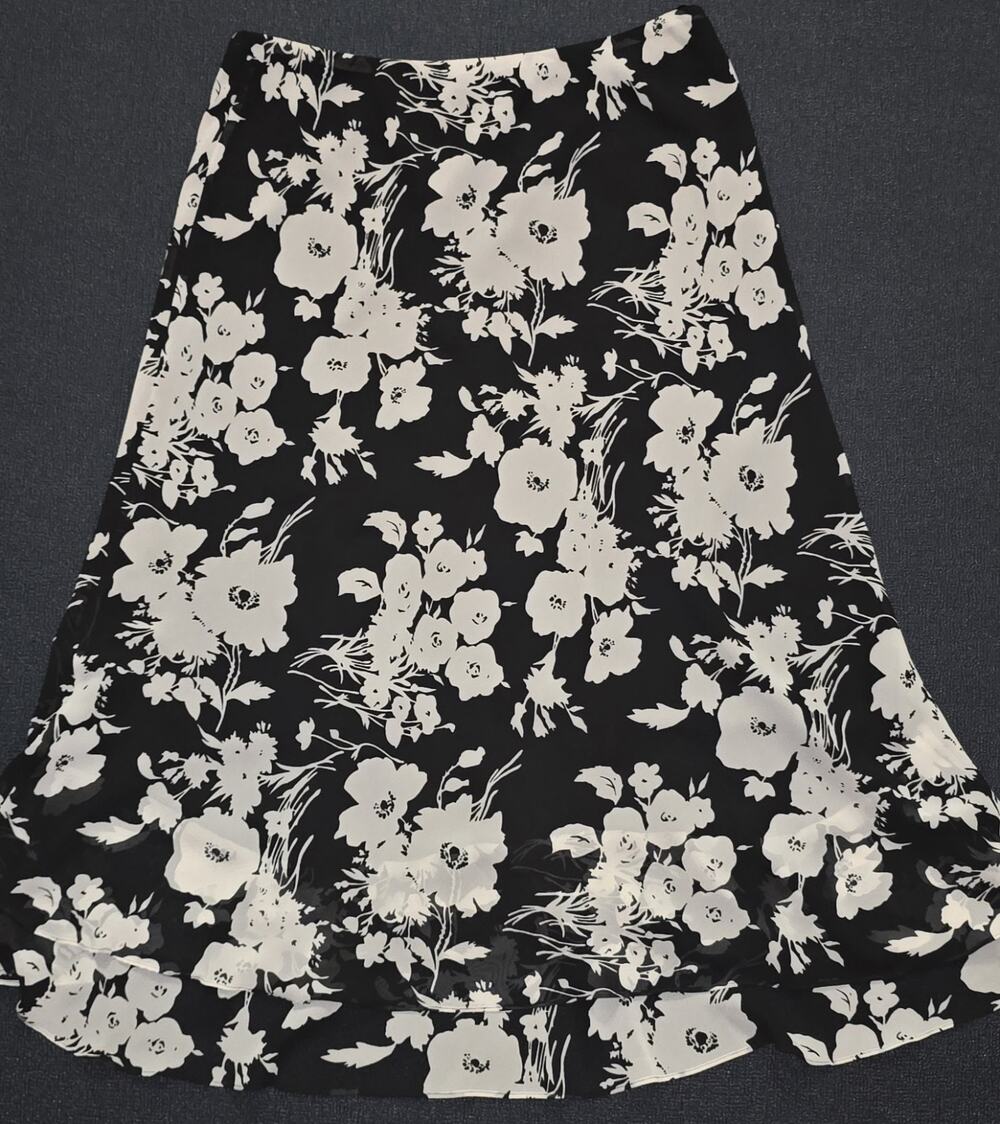 Chaps Skirt Sz 12 Black White Floral Tiered Peasant Midi Boho Lined